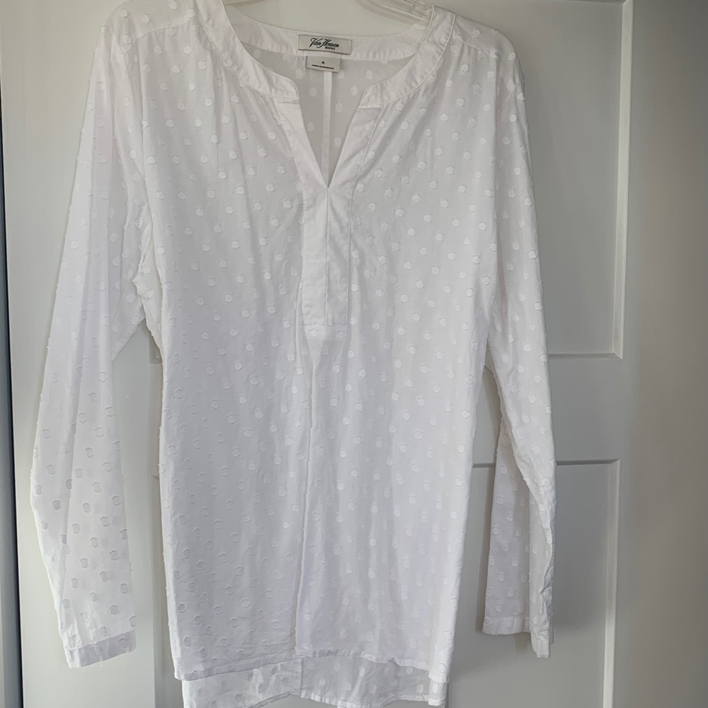 White dot tone on tone fabric split neck blouse